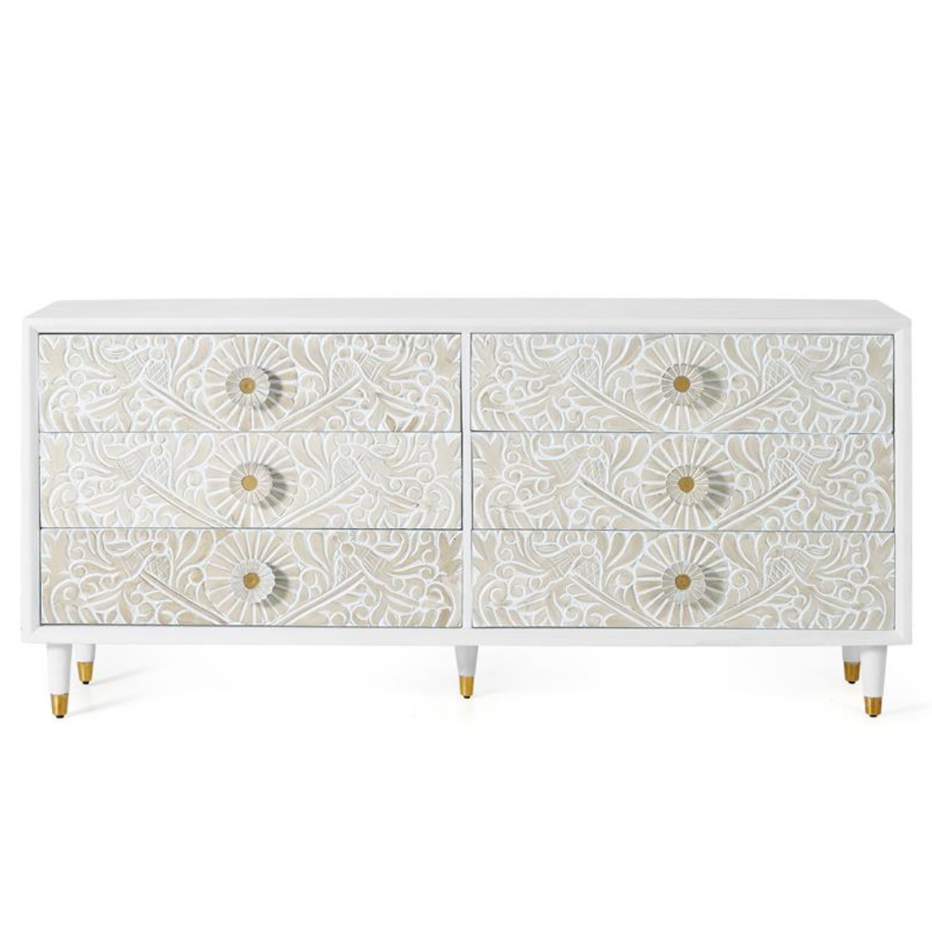 Cómoda Relieve de Oriente – Mango Tallado de 6 Cajones (170 cm)