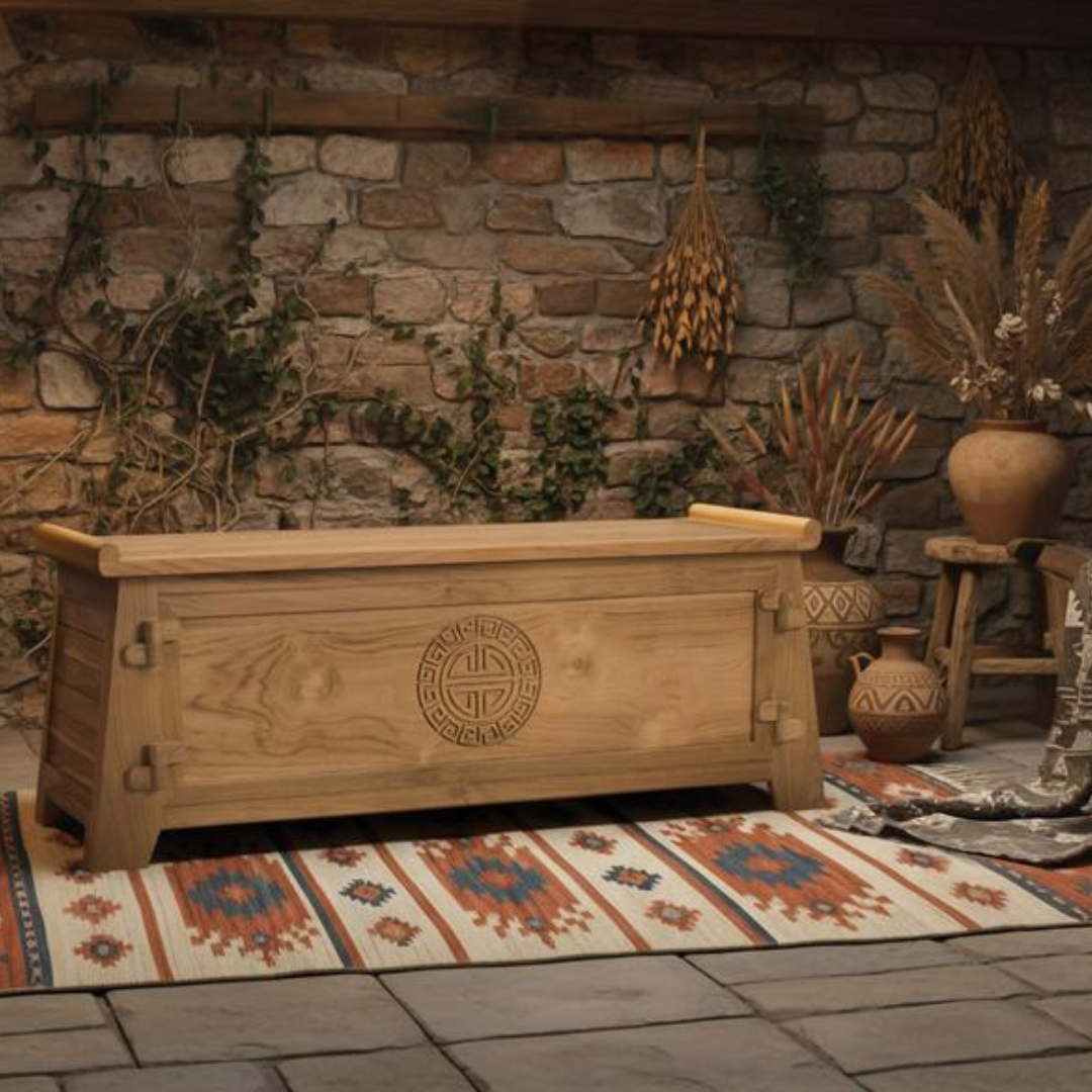 Arca Teca Pura – Baúl de Madera Maciza y Diseño Oriental (114 cm)