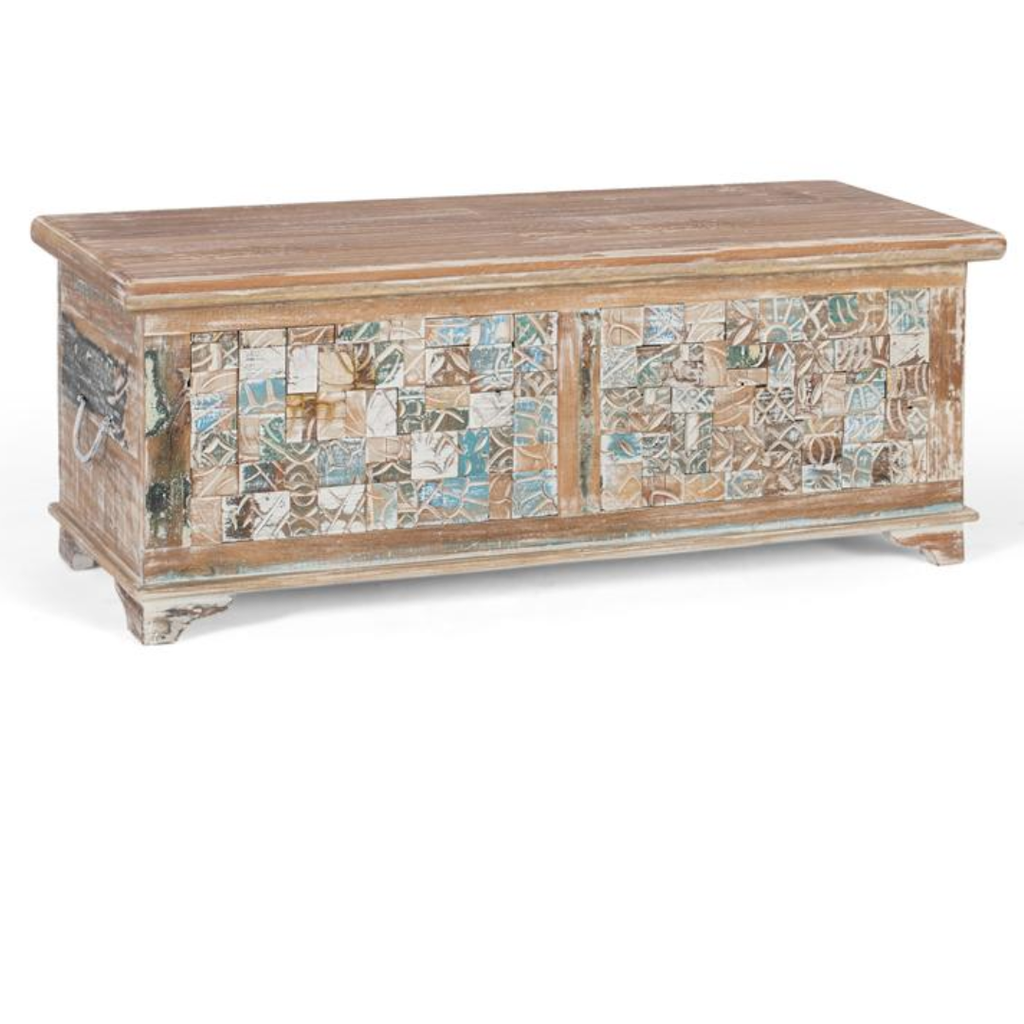 Arca Eco-Mosaico – Baúl de Mango y Madera Reciclada (105 cm)