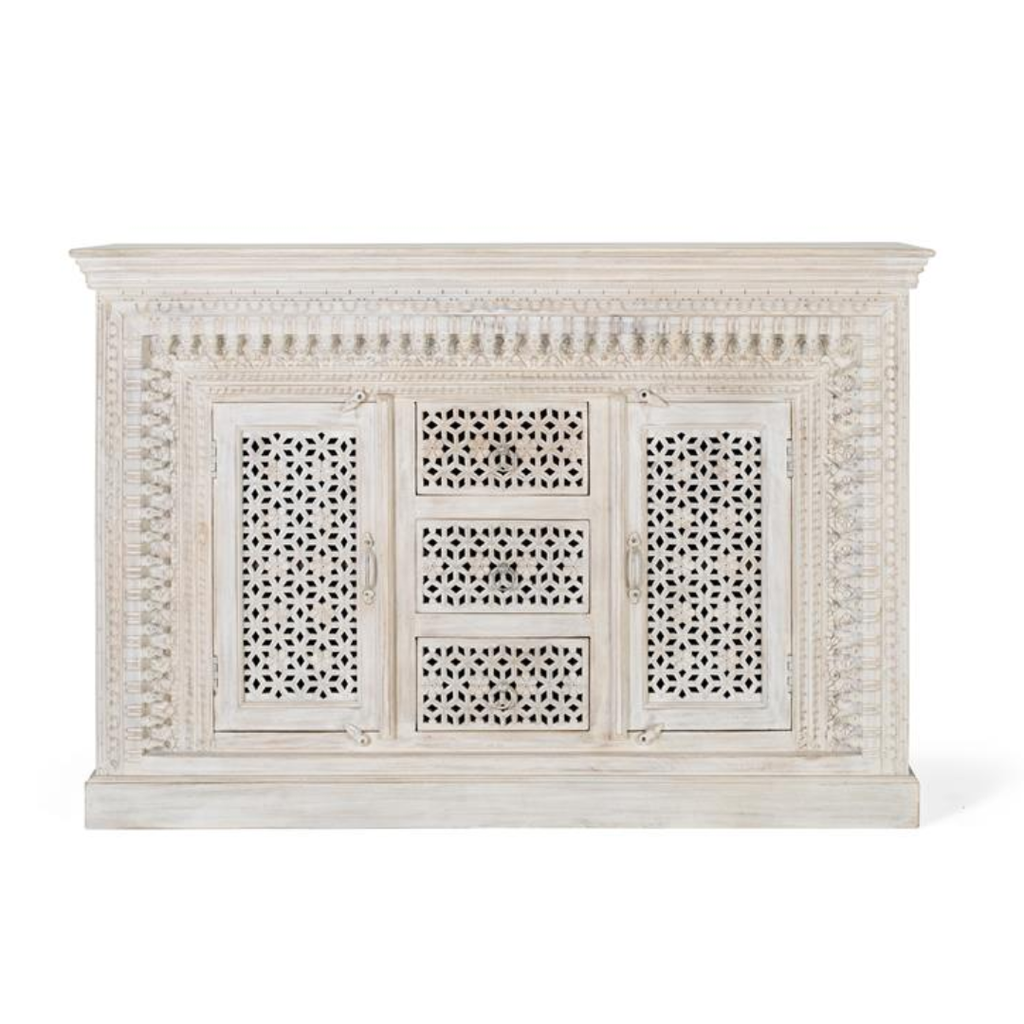 Aparador Catedral Blanco – Mango Macizo y Tallado Integral (150 cm)