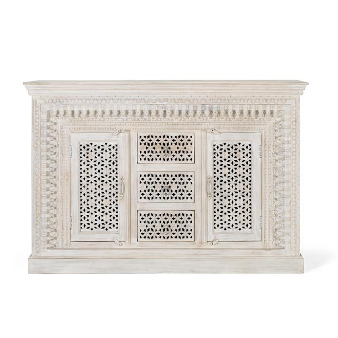 Aparador Catedral Blanco – Mango Macizo y Tallado Integral (150 cm)