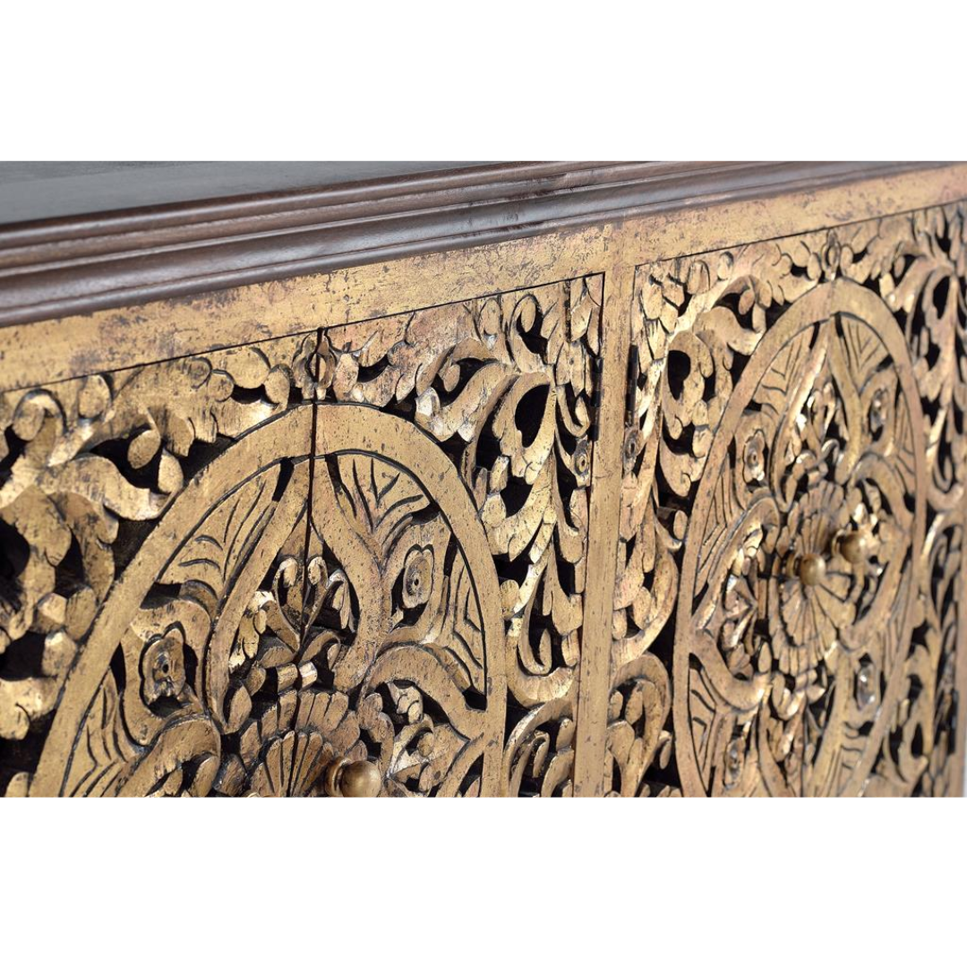 Aparador Sol de Oriente – Mango Tallado y Oro (180 cm)