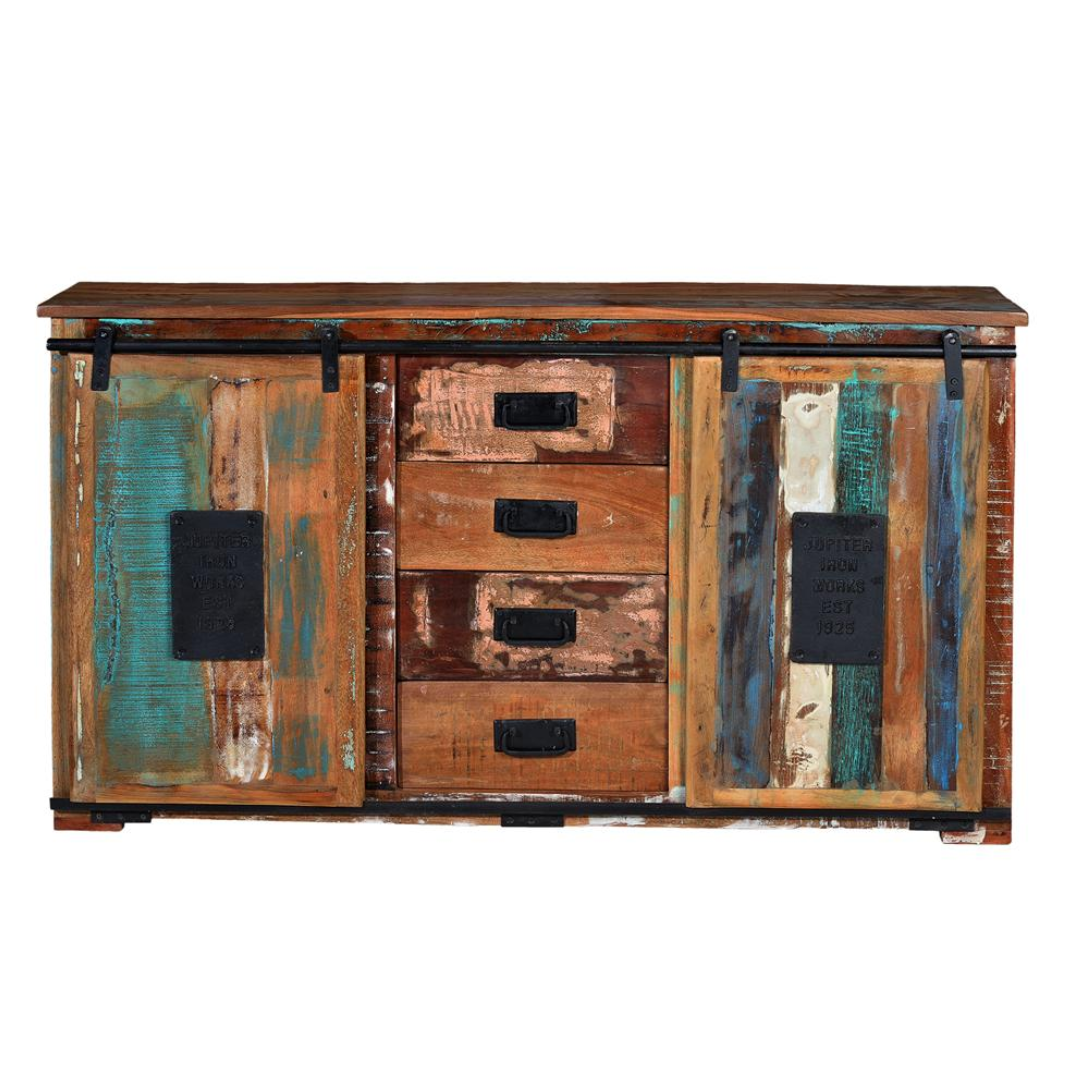 Aparador Legado Industrial – Madera Reciclada y Puertas Correderas (130 cm)