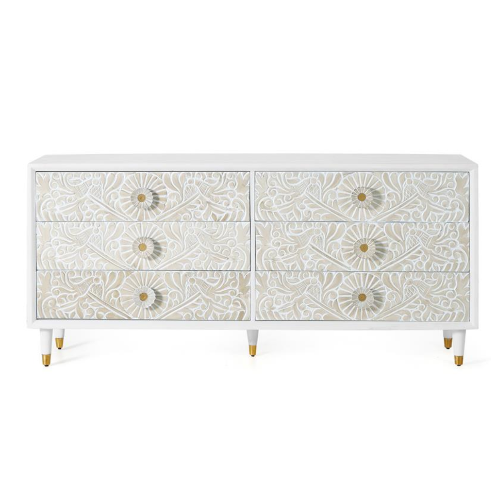 Cómoda Relieve de Oriente – Mango Tallado de 6 Cajones (170 cm)