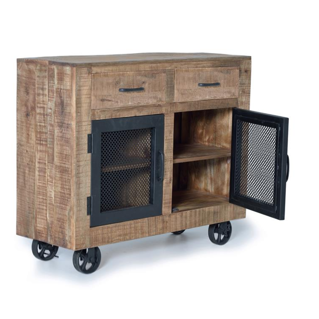 Aparador Taller Industrial – Mango Natural y Ruedas de Forja (100 cm)