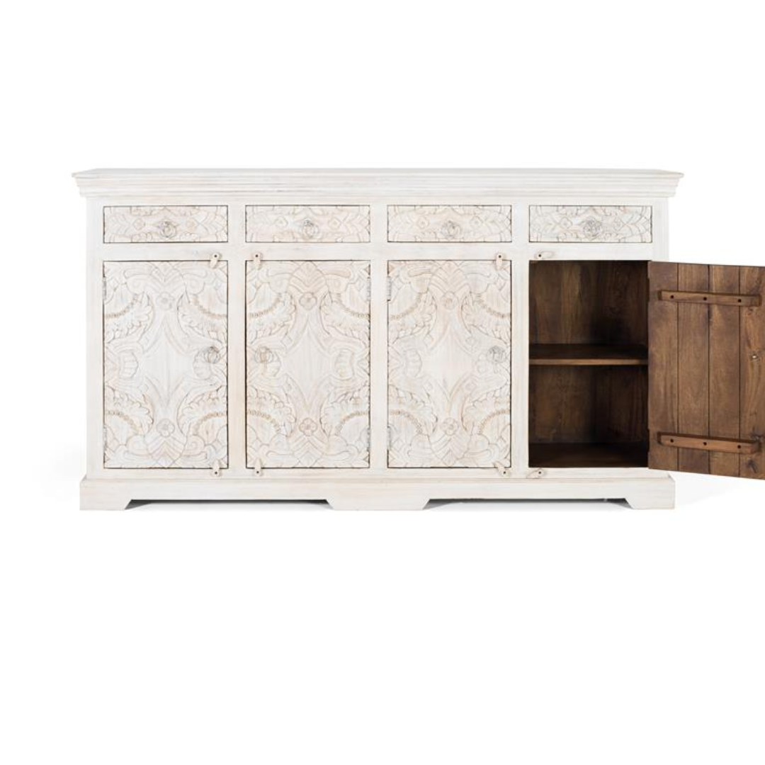 Aparador Catedral Blanco Imperial – Mango Macizo y Tallado Integral (180 cm)