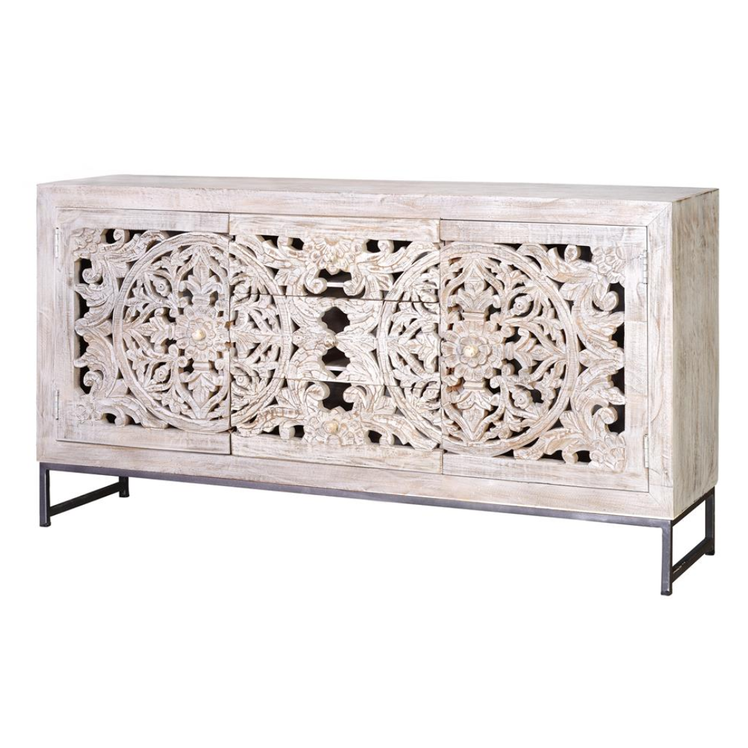 Aparador Ethereal Industrial – Mango Tallado y Base de Hierro (150 cm)