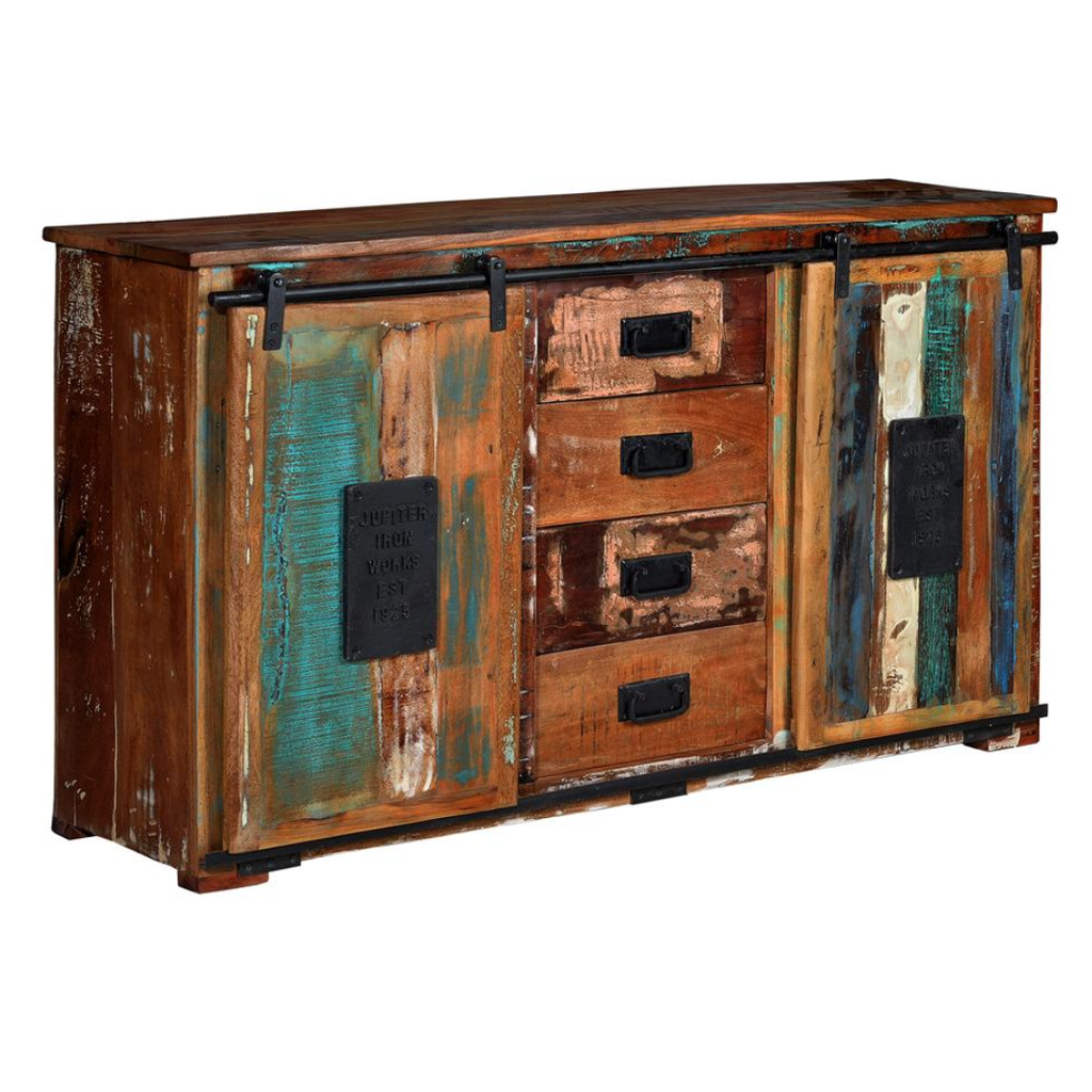 Aparador Legado Industrial – Madera Reciclada y Puertas Correderas (130 cm)