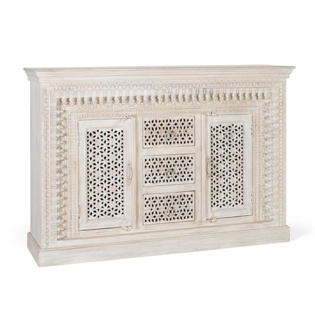 Aparador Catedral Blanco – Mango Macizo y Tallado Integral (150 cm)