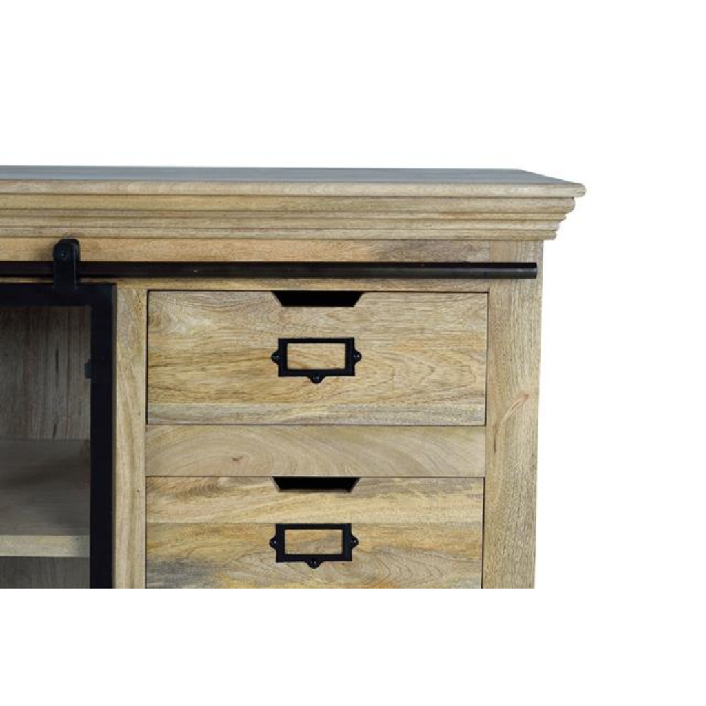 Aparador Industrial Master– Mango Natural y Puertas Correderas Negras (180 cm)