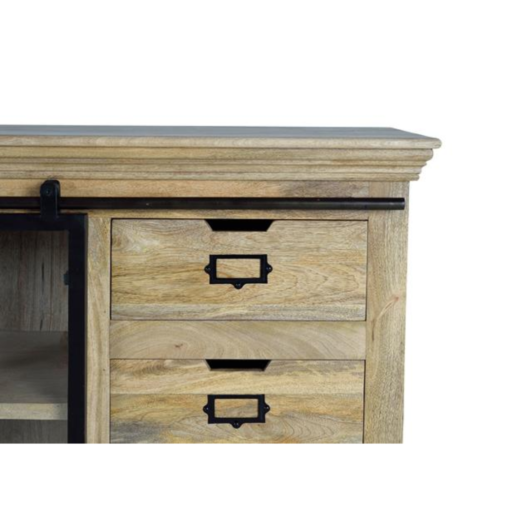 Aparador Industrial Master– Mango Natural y Puertas Correderas Negras (180 cm)