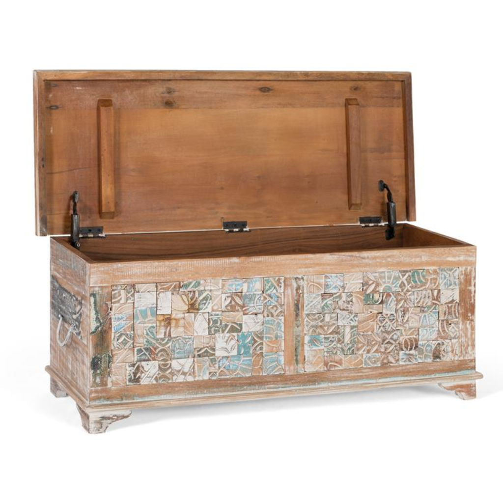 Arca Eco-Mosaico – Baúl de Mango y Madera Reciclada (105 cm)