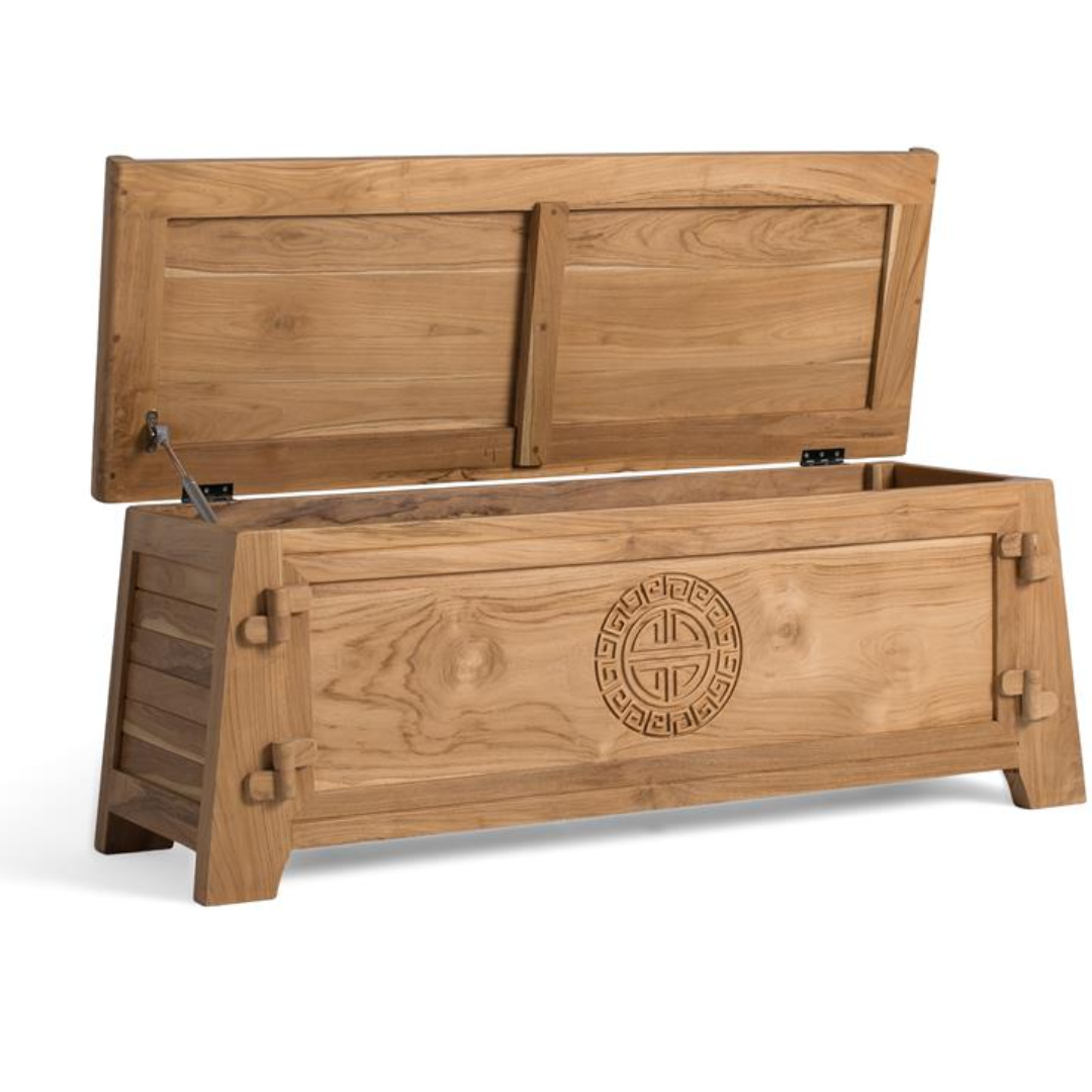 Arca Teca Pura – Baúl de Madera Maciza y Diseño Oriental (114 cm)