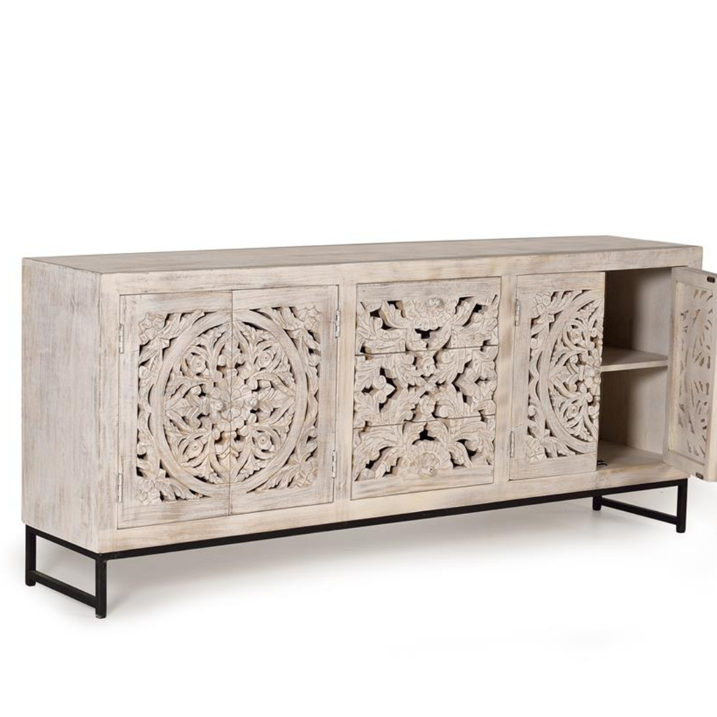 Aparador Catedral de Java – Mango Tallado y Base Industrial (190 cm)