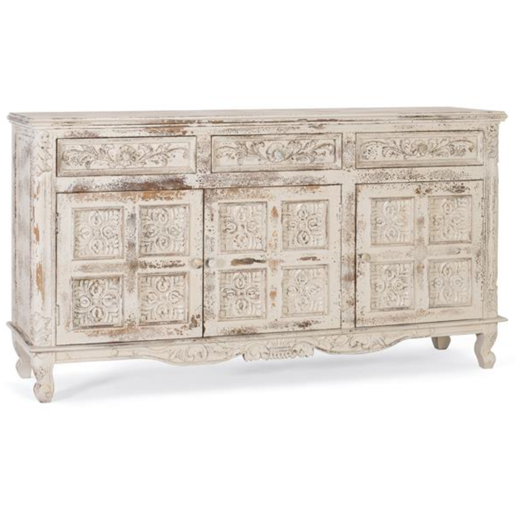 Aparador Antiqua White – Mango Macizo y Tallado Artesanal (175 cm)