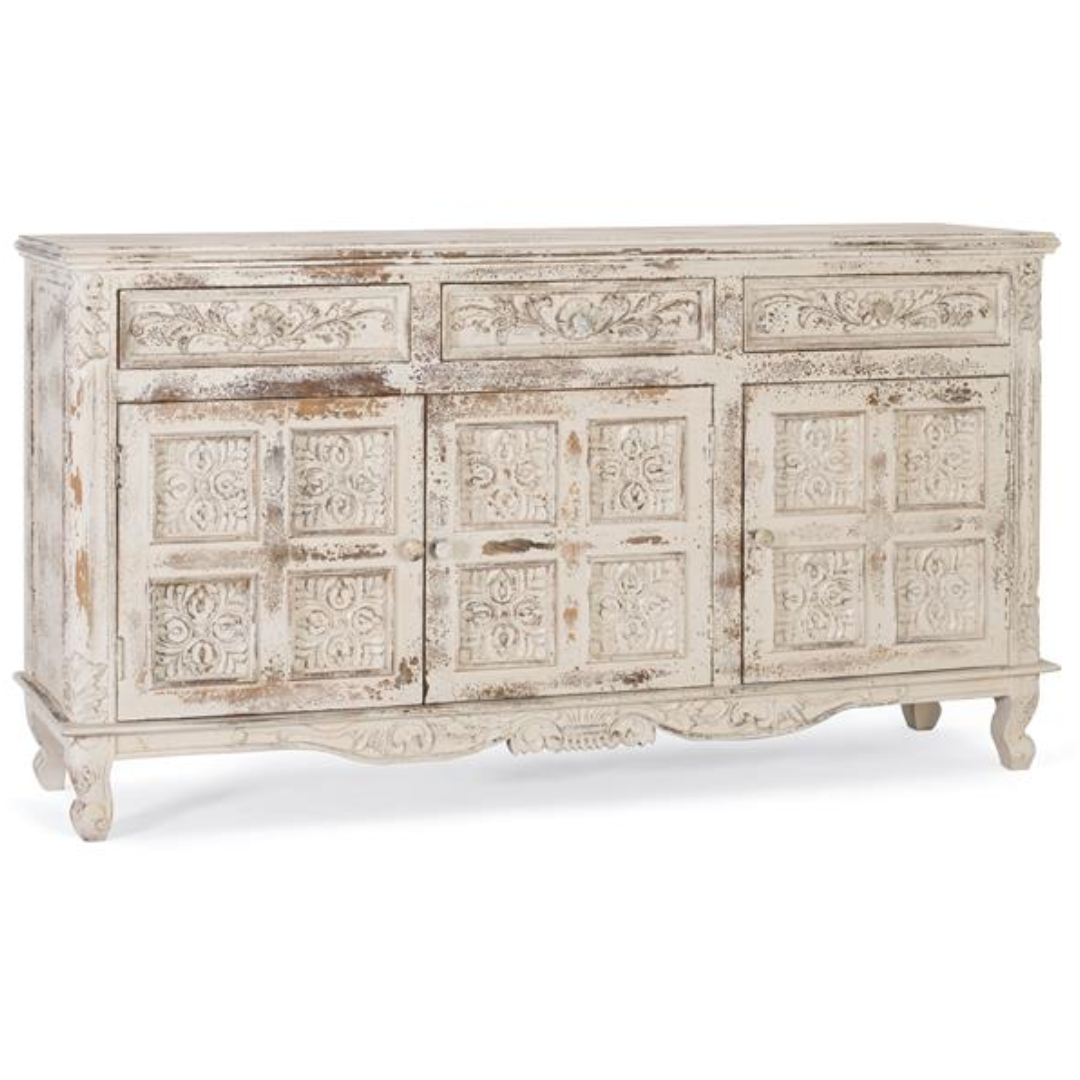 Aparador Antiqua White – Mango Macizo y Tallado Artesanal (175 cm)