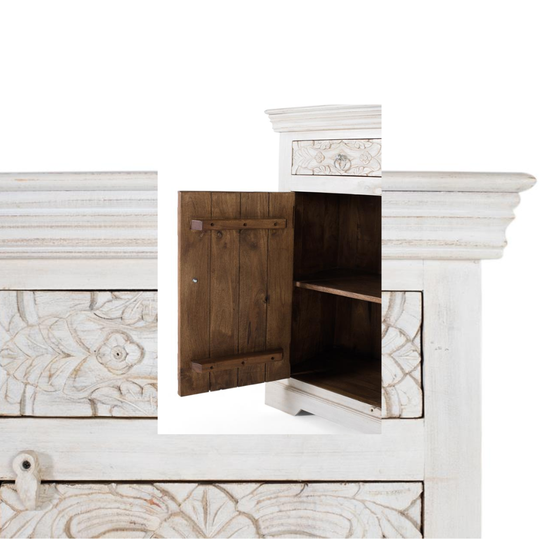 Aparador Catedral Blanco Imperial – Mango Macizo y Tallado Integral (180 cm)