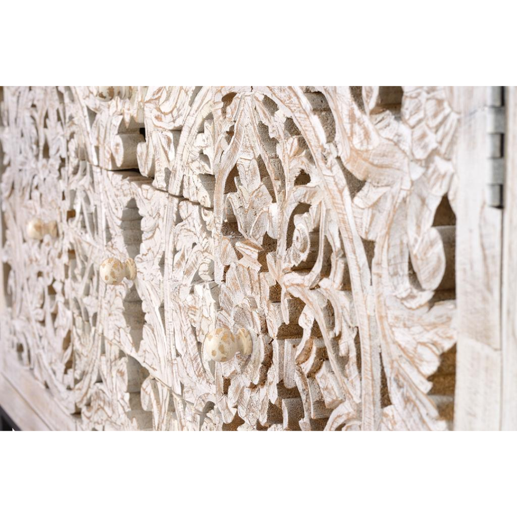 Aparador Ethereal Industrial – Mango Tallado y Base de Hierro (150 cm)