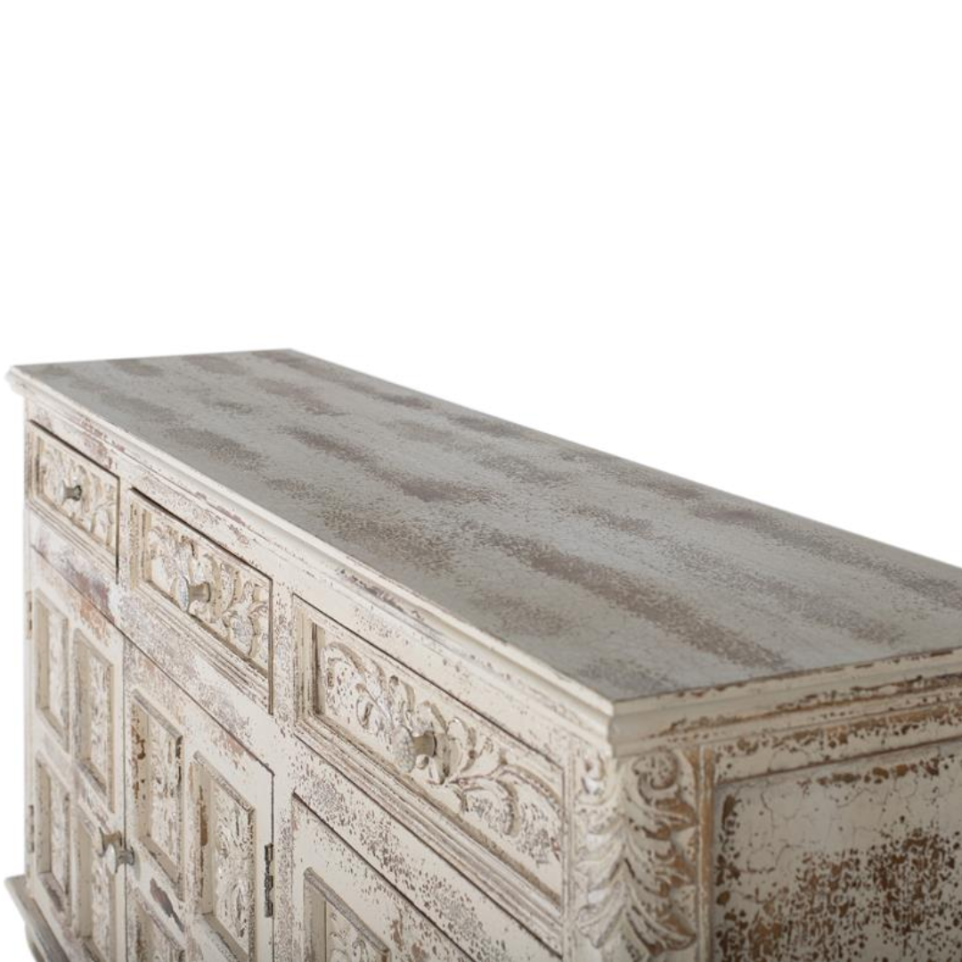 Aparador Antiqua White – Mango Macizo y Tallado Artesanal (175 cm)