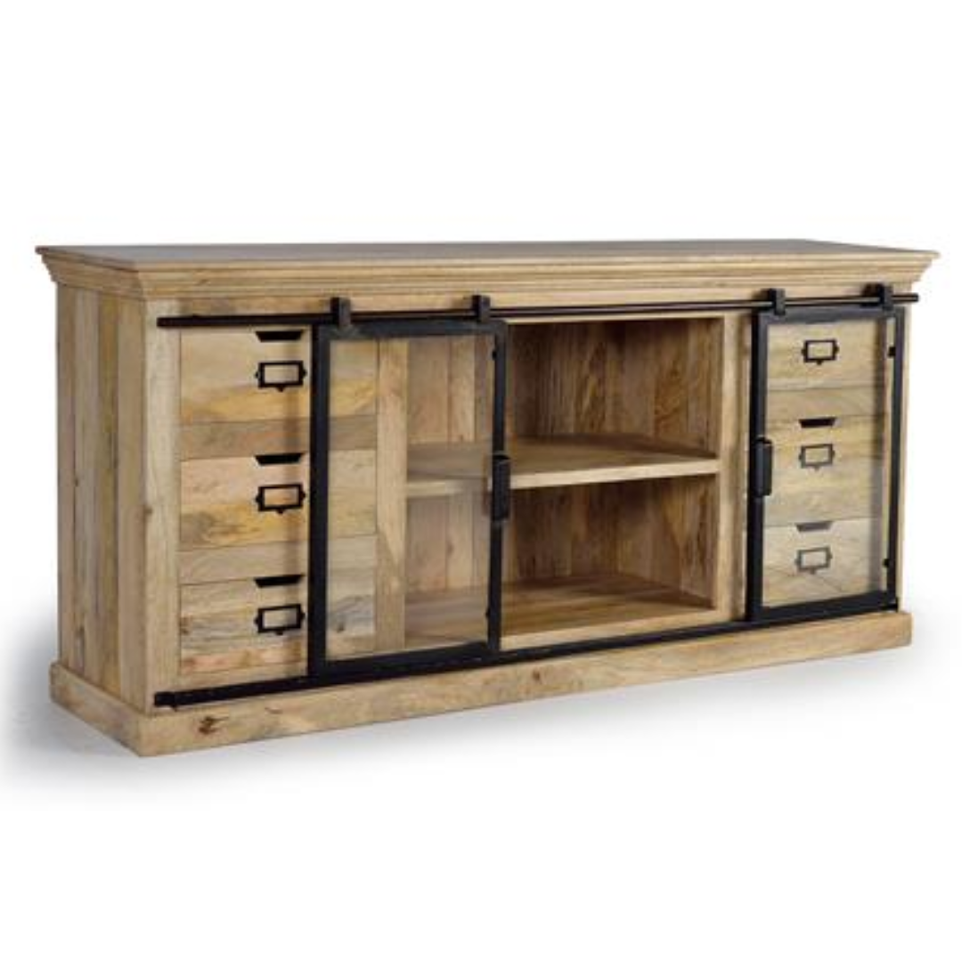 Aparador Industrial Master– Mango Natural y Puertas Correderas Negras (180 cm)
