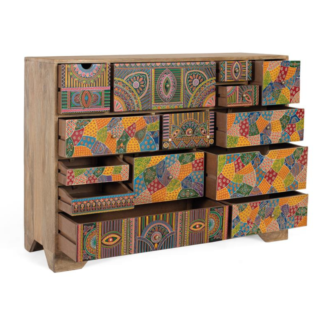 Cómoda Mosaico de 14 Relatos – Mango y Policromía Artesanal (120 cm)
