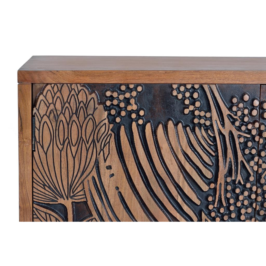 Aparador Corteza de Acacia – Madera Maciza Tallada de 4 Puertas (190 cm)