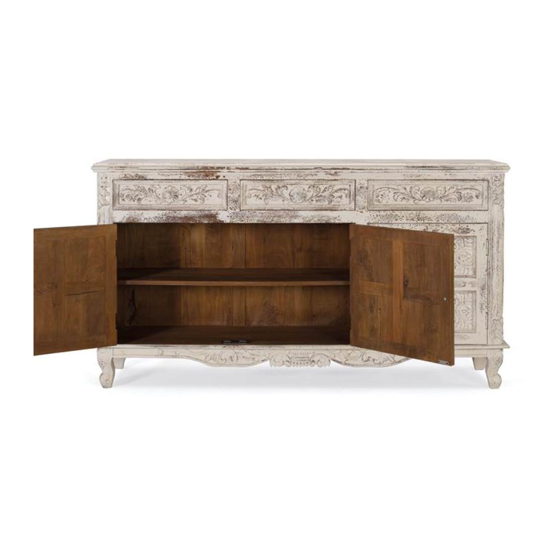 Aparador Antiqua White – Mango Macizo y Tallado Artesanal (175 cm)