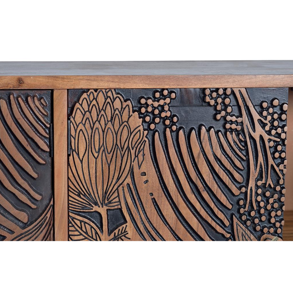 Aparador Corteza de Acacia – Madera Maciza Tallada de 4 Puertas (190 cm)